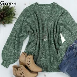 Dark green balloon sleeve melange sweater